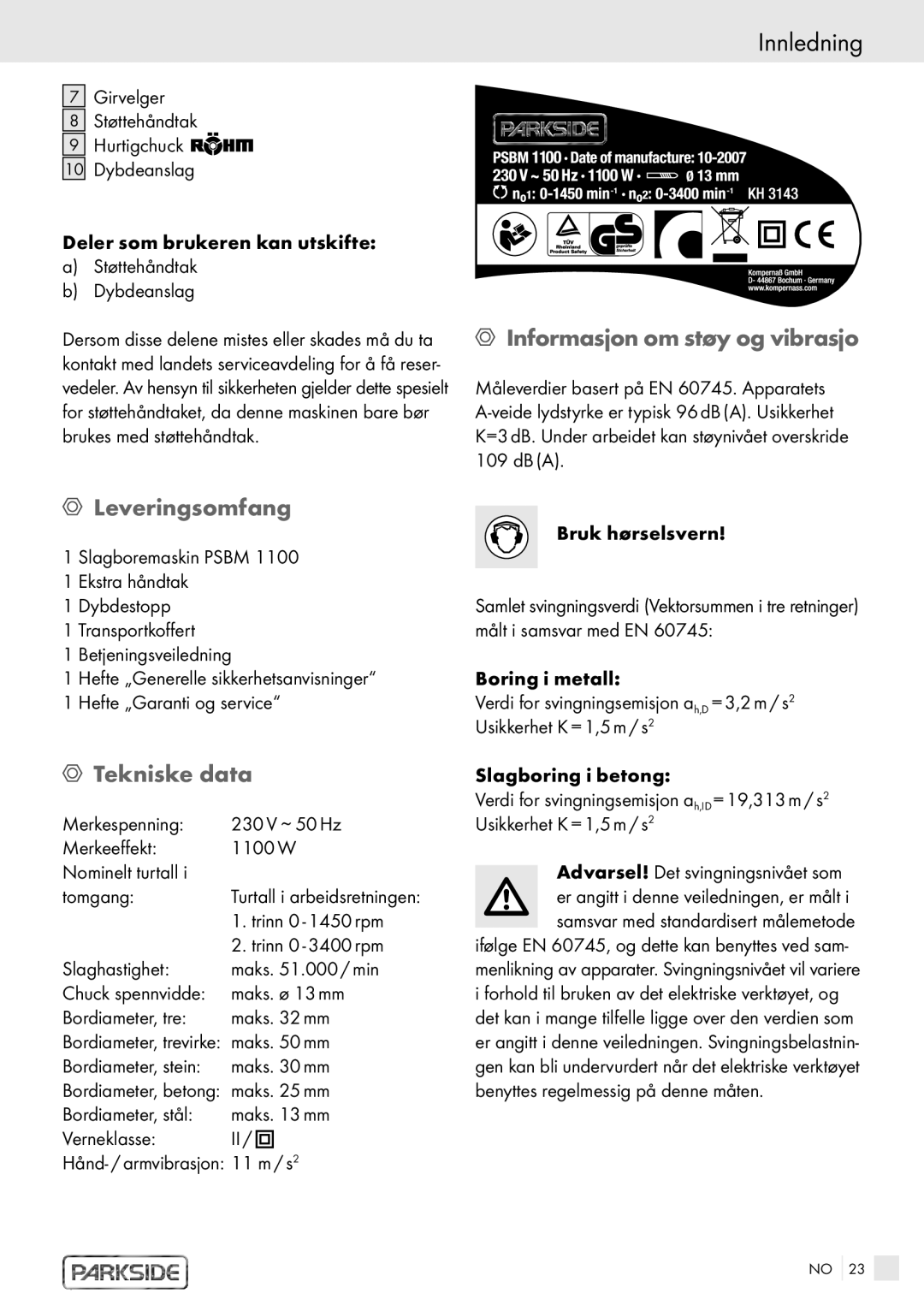 Kompernass PSBM 1100 manual Innledning , Informasjon om støy og vibrasjo, Leveringsomfang, Tekniske data 